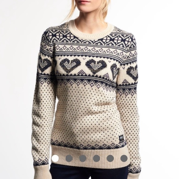Superdry Fairisle Heart Knit Pullover Sweater Beige/Blue SZ XL Wool Blend - Picture 5 of 10
